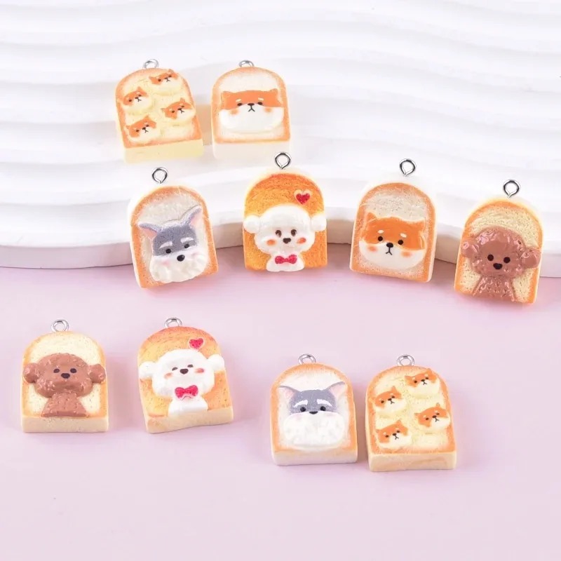 Resin Craft Supplies - 10 個かわいいトースト犬樹脂ペンダント漫画動物チャーム DIY クラフト用品イヤリングキーホルダーファッションジュエリー装飾